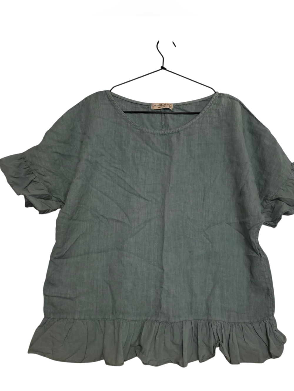 Meo Meli Linen Sage Green Linen Top Ruffle Short Sleeve Size M